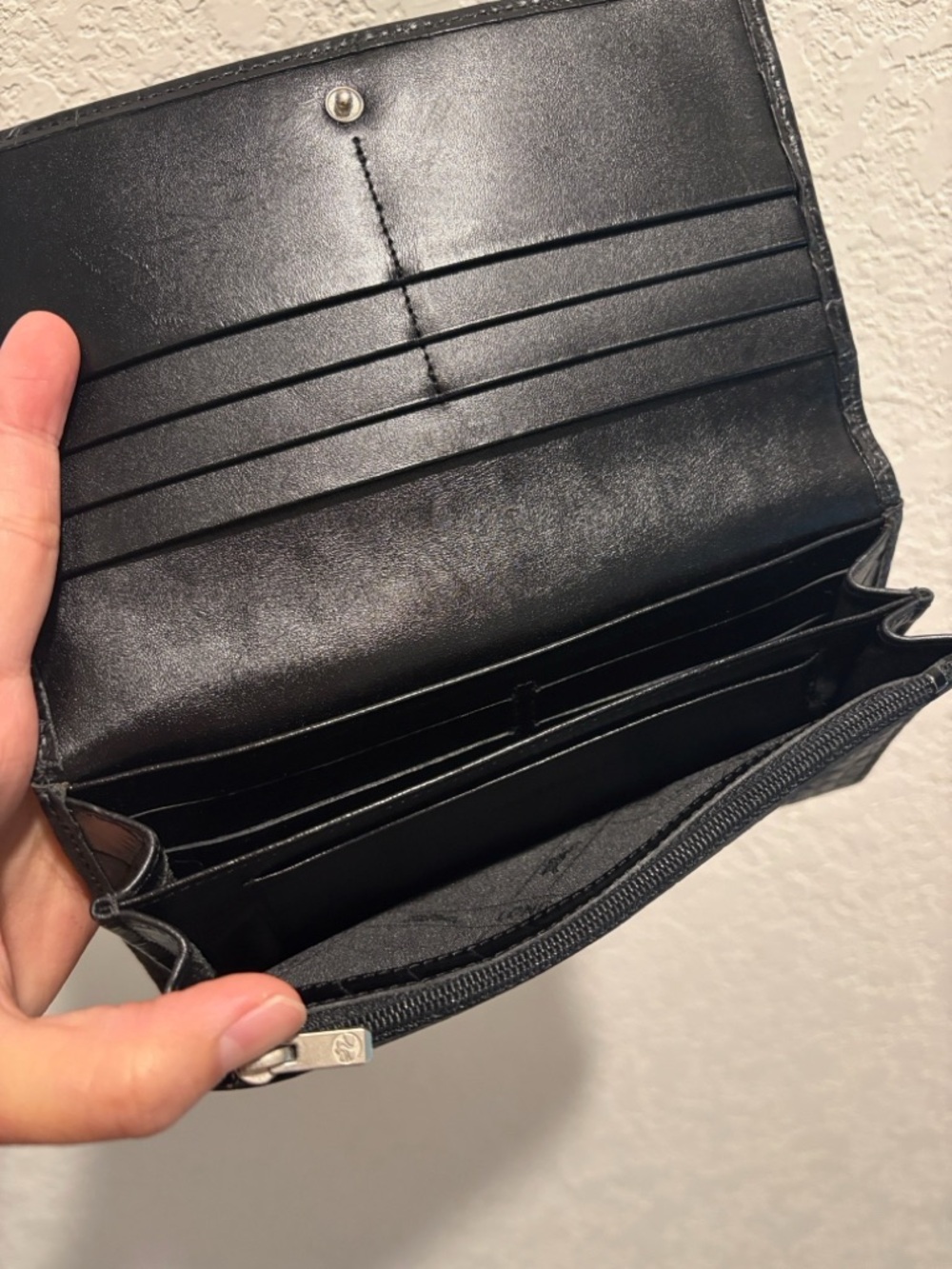 Longchamp Black Leather Croc Leather Embossed Long Snap Wallet - Picture 9 of 12